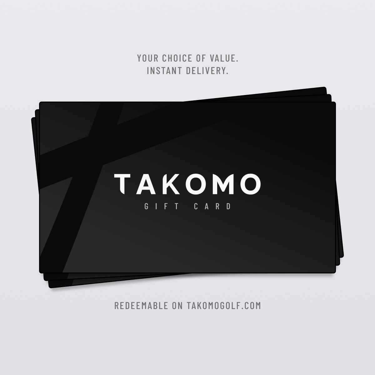 Takomo gift card with a black background and white text on a light gray background
