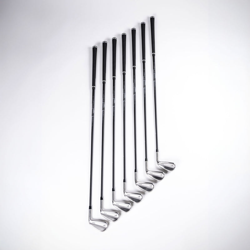 Takomo 201 MKII Golf Iron Set assembled with Denali shafts photographed on a white background.