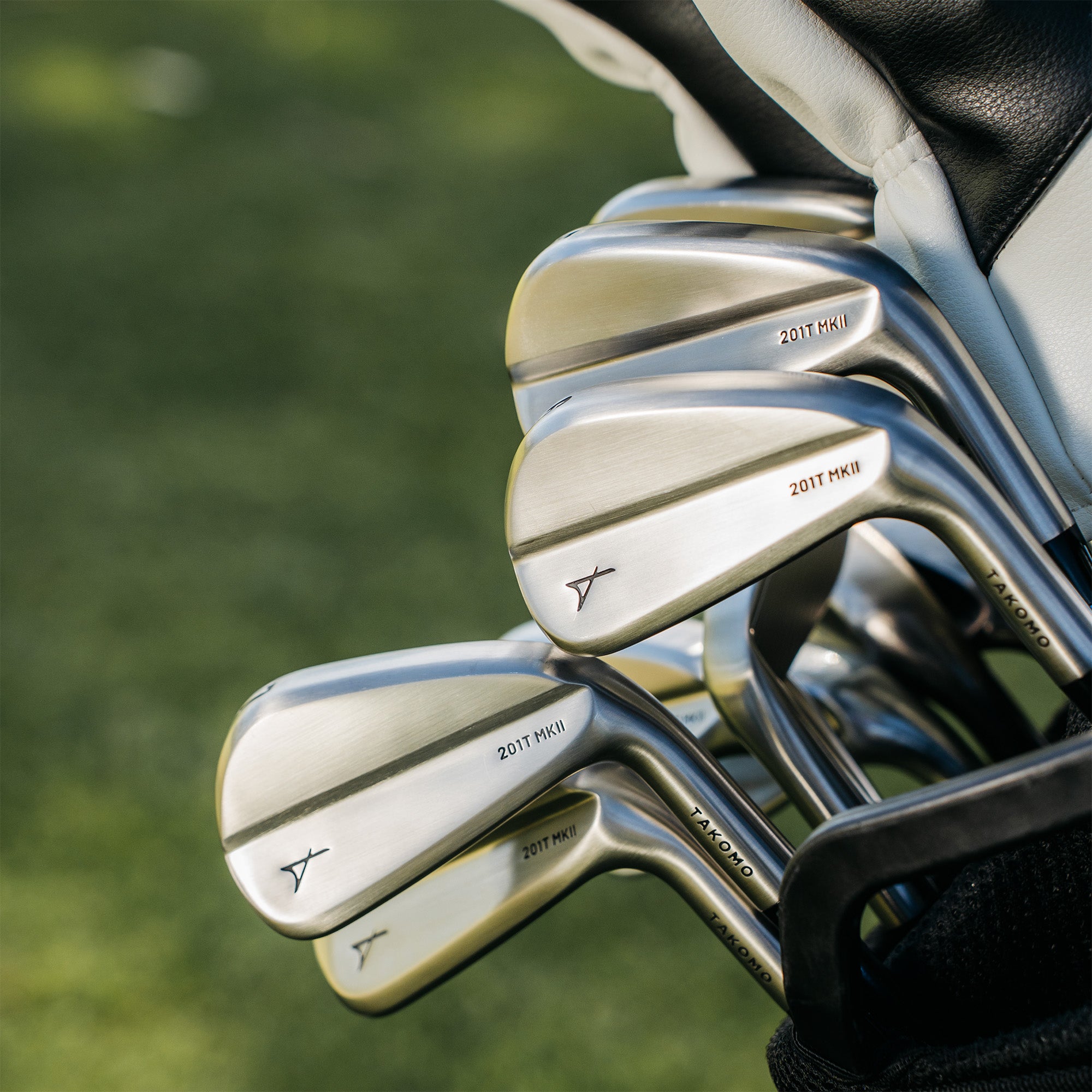 Set of golf clubs with a blurred green background