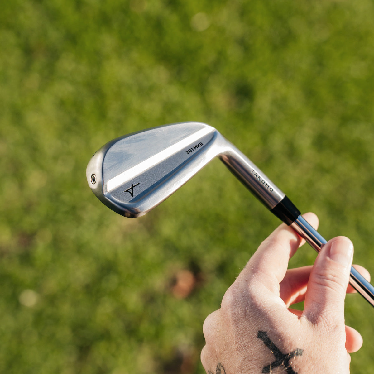Golf club held by a hand with a blurred green background