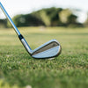 Golf club on a grassy field with a blurred background