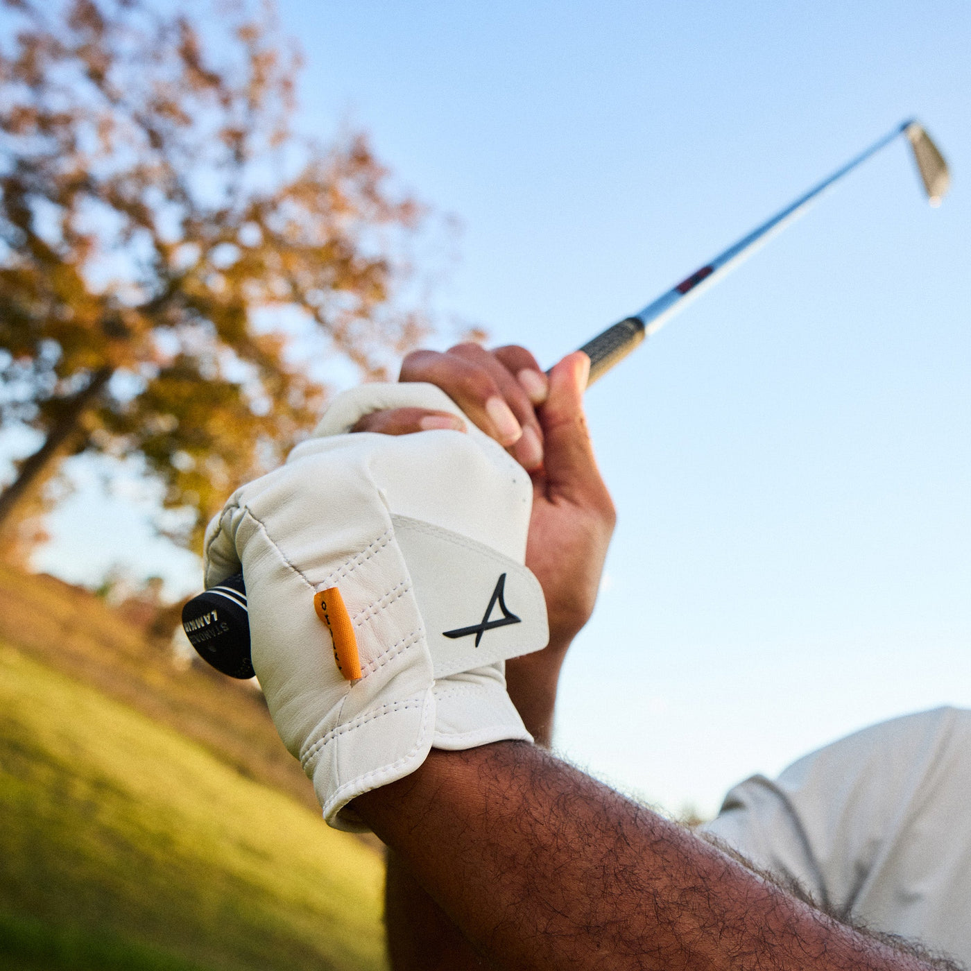 Golf player's hand holding a golf club with a glove on a blurred golf course background