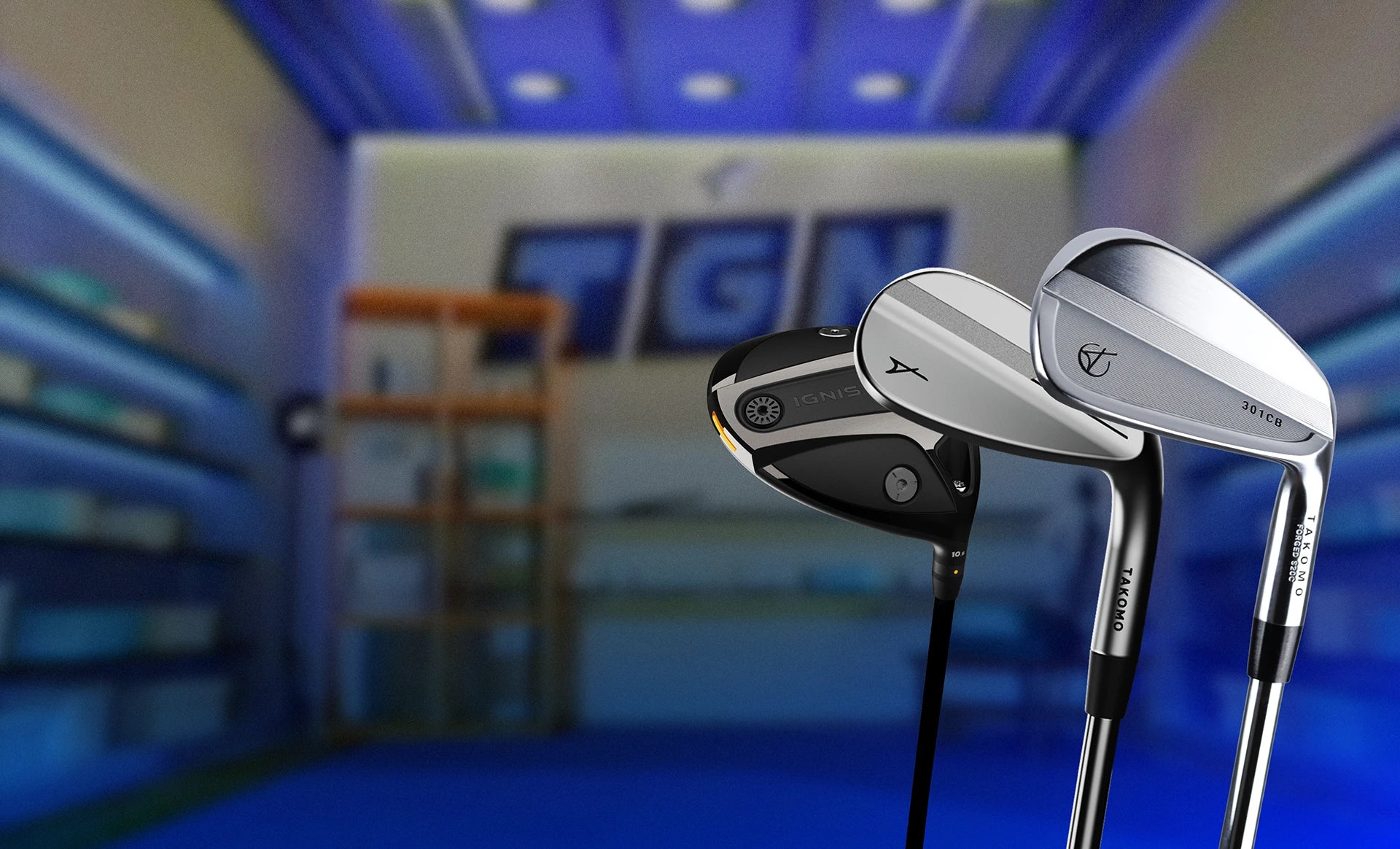 Golf clubs with a blurred indoor background