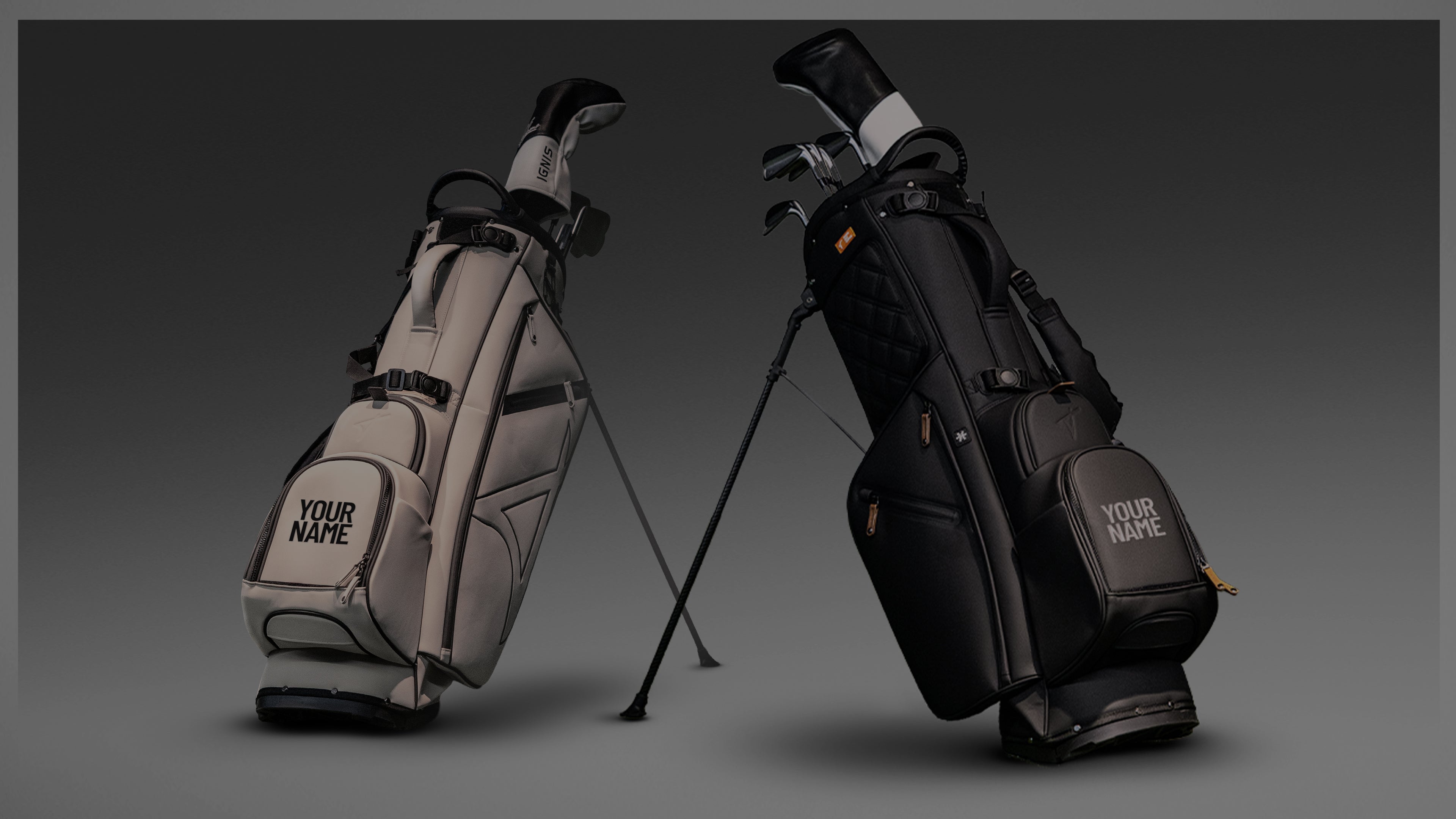 Custom Takomo Golf Bags on gray background