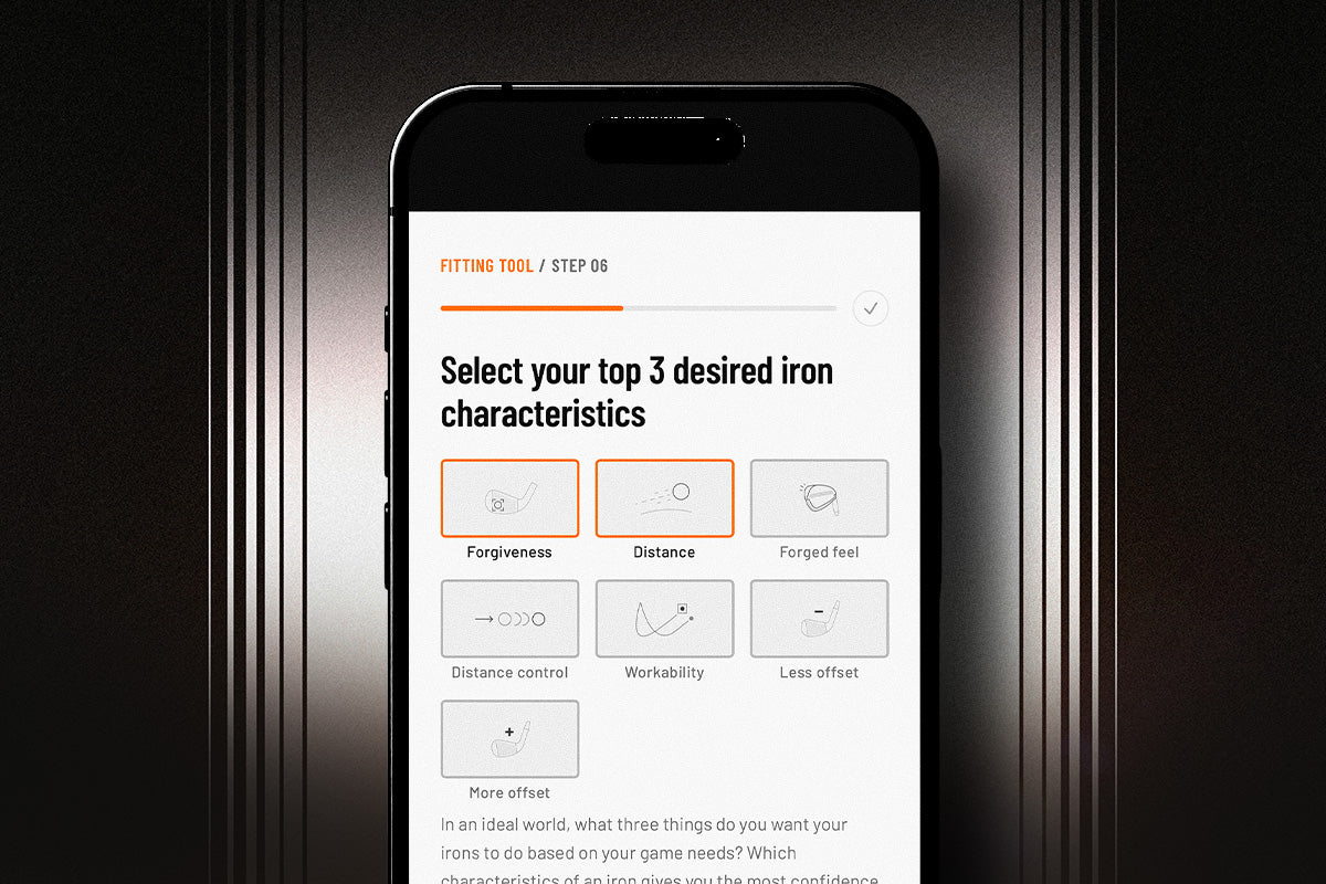 A smartphone centered against a dark metallic background, displaying a white app interface with the text 'FITTING TOOL' and options for iron characteristics.