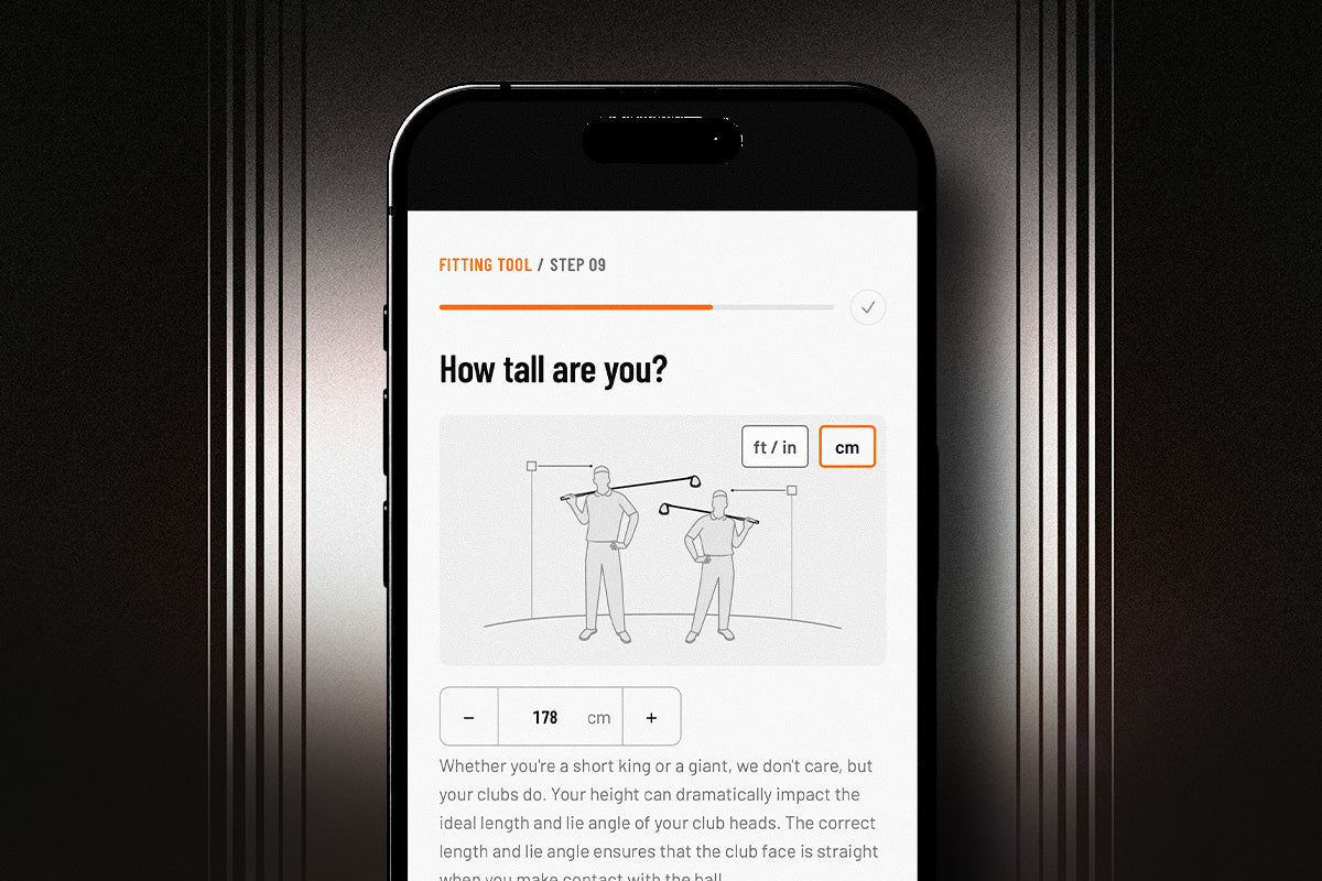 A smartphone displaying a club-fitting measurement screen with text and simple line drawings, shown against a dark metallic background.