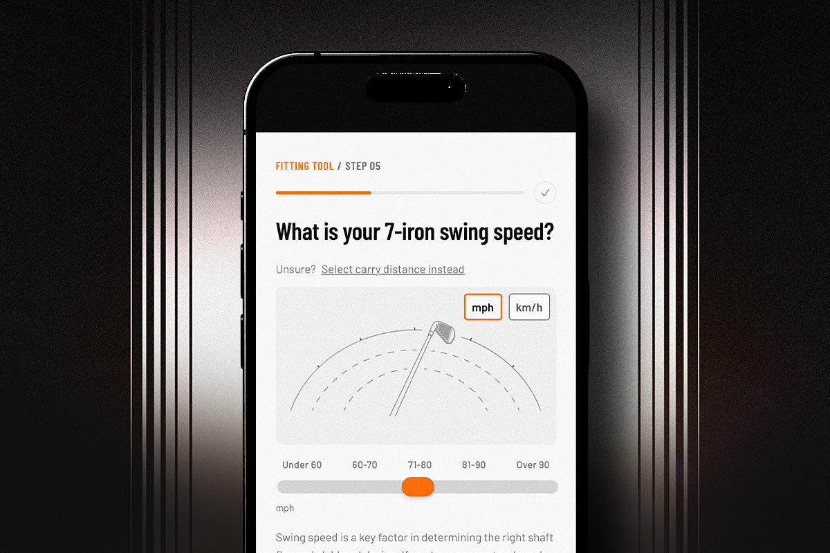 A smartphone centered against a dark metallic background, displaying a mobile app screen with text about measuring an iron swing speed in mph and km/h, plus a speed dial graphic.