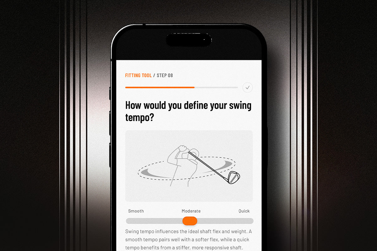 A smartphone centered against a dark metallic background, displaying a golf fitting app screen with text and a line drawing.
