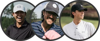 Three circular portrait photos of men outdoors, each wearing a dark baseball cap and a golf shirt, with golf clubs visible in the center photo.
