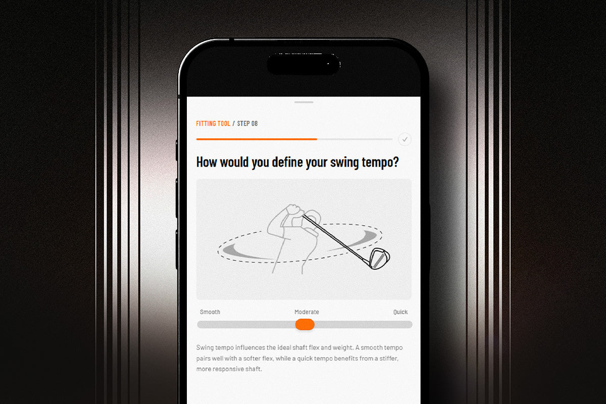 A smartphone centered against a dark metallic background, displaying a golf club fitting tool.