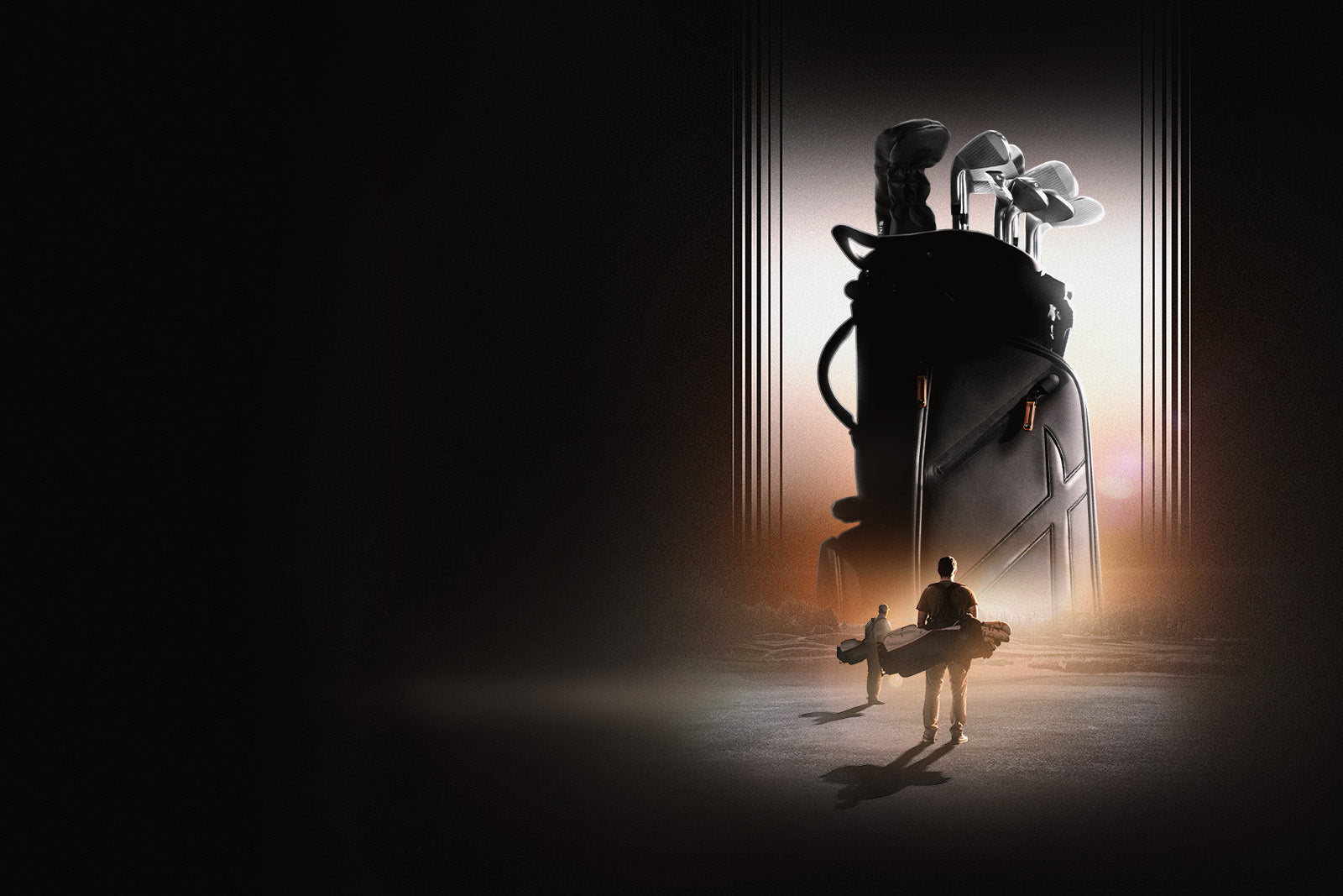 A dramatic silhouette scene showing a golf bag filled with clubs standing in a bright doorway, with a small human figure in the foreground facing it. The image is heavily stylized with high contrast, dark shadows, and a warm glow from the light source.