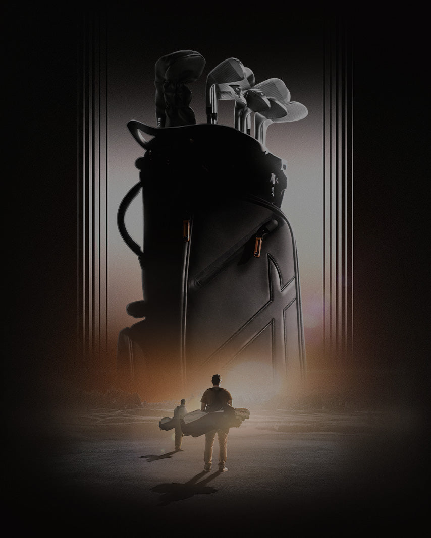 A dramatic, moody promotional image showing a large black golf bag filled with clubs, with a silhouetted person carrying a golf bag in the foreground, set against a dark background with vertical light streaks.