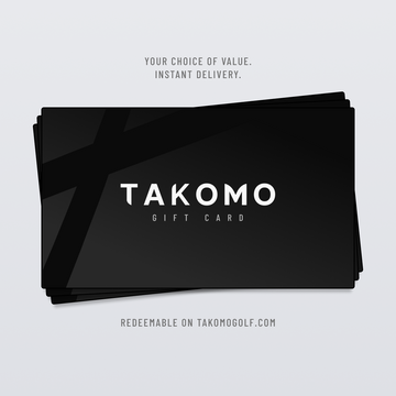 Takomo gift card with a black background and white text on a light gray background
