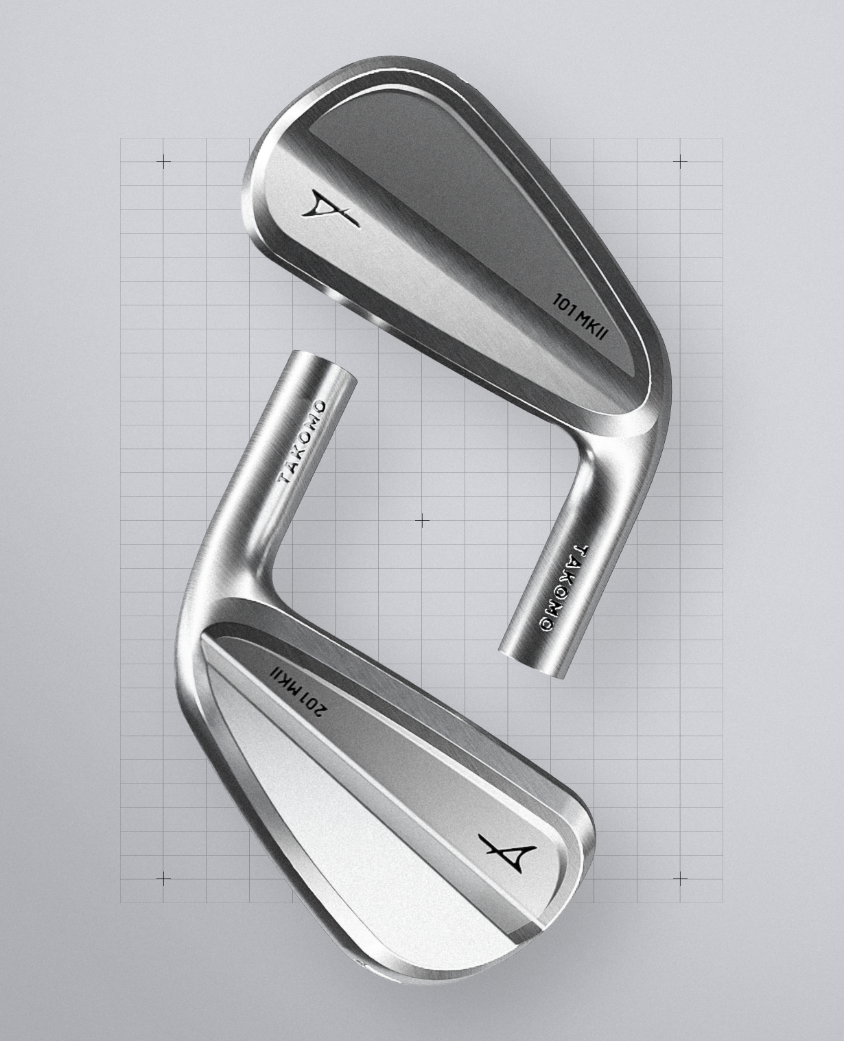 Two silver golf iron clubs, one labeled 101 MKII and the other 201 MKII, displayed on a light gray grid background.
