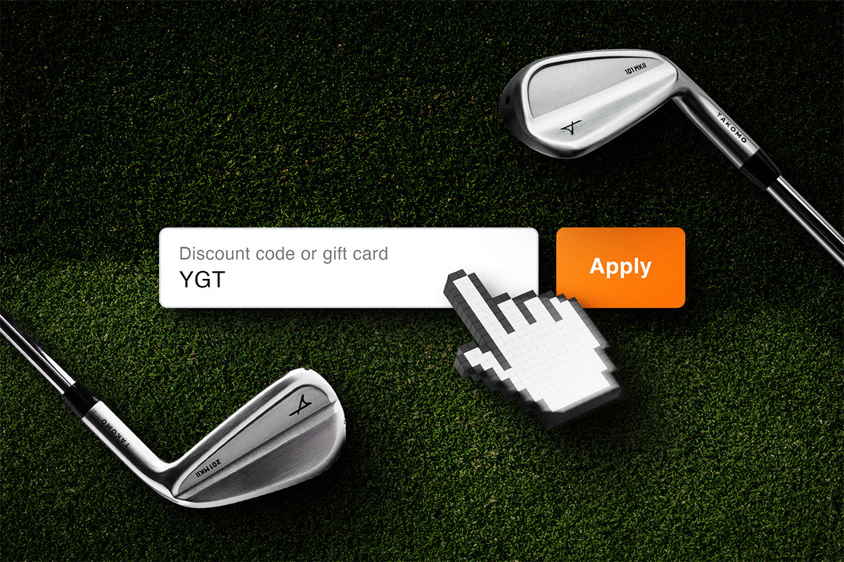 Golf clubs on a grassy background with a discount code input field and 'Apply' button.