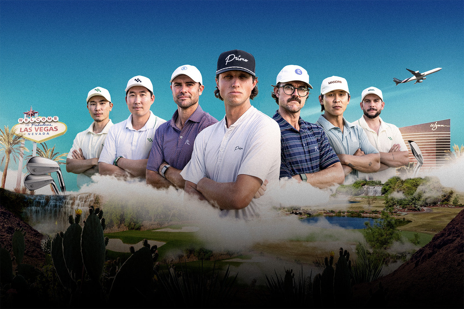 Group of men in golf attire with a Las Vegas sign and golf course in the background